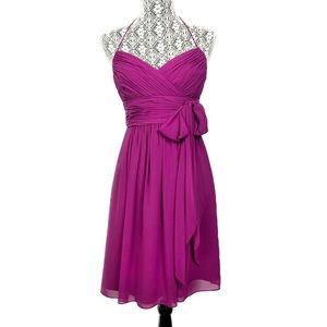 Lauren Ralph Lauren Chiffon Halter Bow Surplice Flare Party Dress magenta